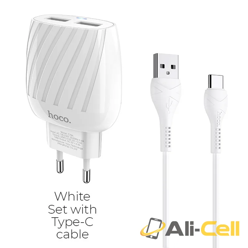Wall charger “C78A Max energy” dual port EU set with cable (C78a Type C White, Set With Type C Cable)