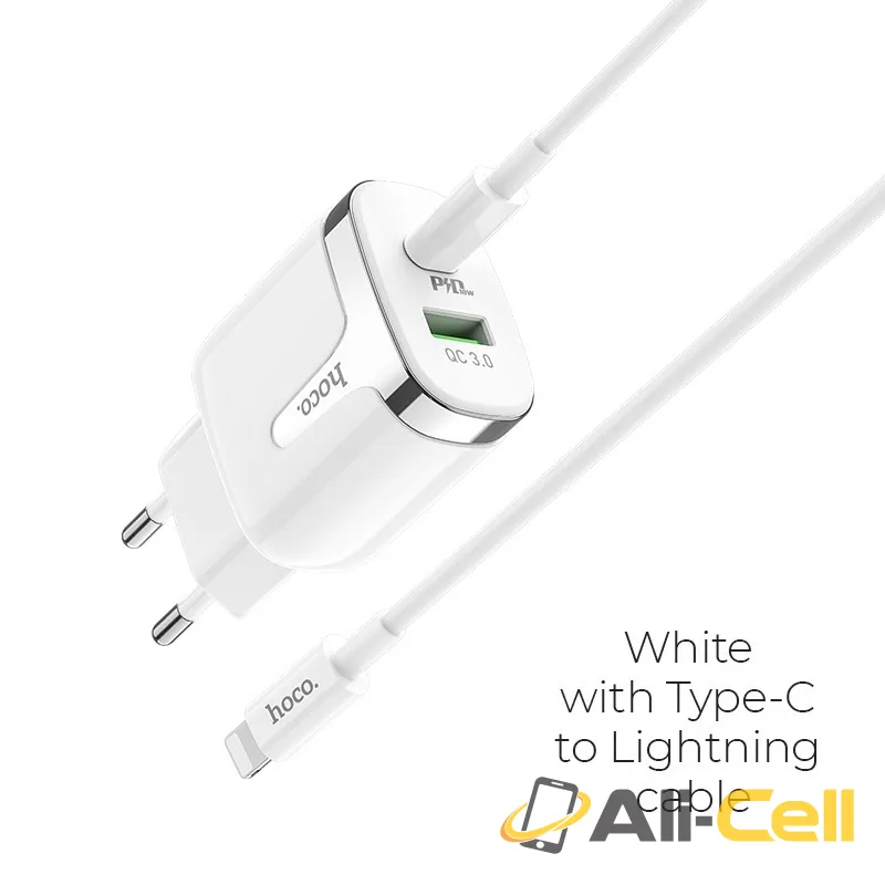 Wall charger “C79A Zeus” PD+QC3.0 EU plug set with cable (C79a Type C Lightning White, Set With Type C To Lightning Cable)