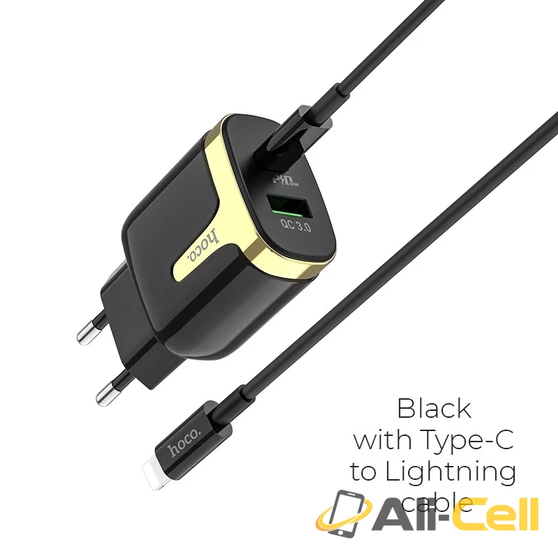 Wall charger “C79A Zeus” PD+QC3.0 EU plug set with cable (C79a Type C Lightning Black, Set With Type C To Lightning Cable)
