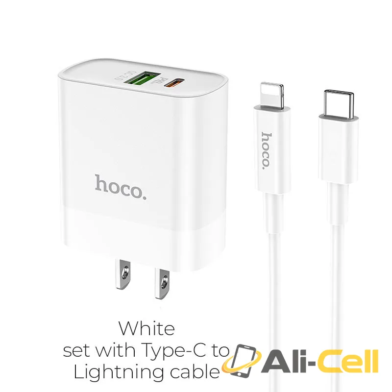 Wall charger “C80 Rapido” PD + QC3.0 US plug set with cable (C80 Type C Lightning White, Set With Type C To Lightning Cable)