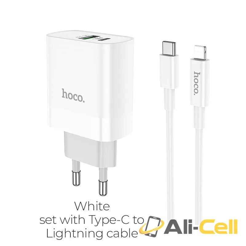 Wall charger “C80A Rapido” PD + QC3.0 EU plug set with cable (C80a Type C Lightning White, Set With Type C To Lightning Cable)