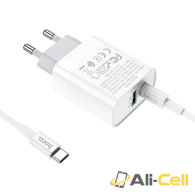 Wall charger “C80A Rapido” PD + QC3.0 EU plug set with cable (C80a White, Single) — 3