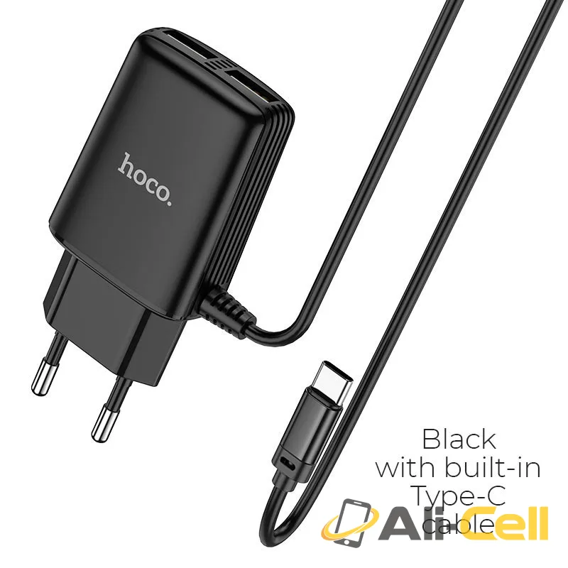 Wall charger “C82A Real power” EU dual port with built-in wire (C82a Type C Black, Built In Type C Wire)