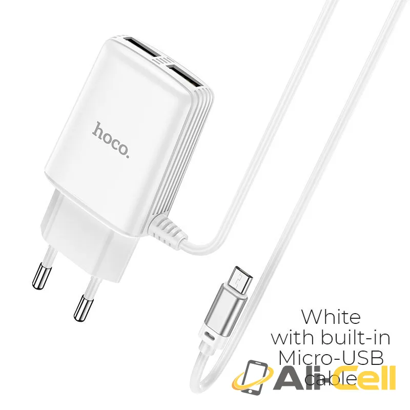 Wall charger “C82A Real power” EU dual port with built-in wire (C82a Micro Usb White, Built In Micro Usb Wire)