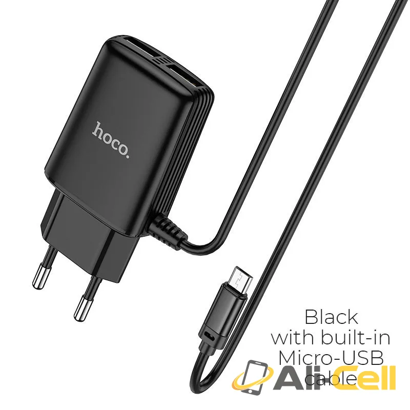 Wall charger “C82A Real power” EU dual port with built-in wire (C82a Micro Usb Black, Built In Micro Usb Wire)