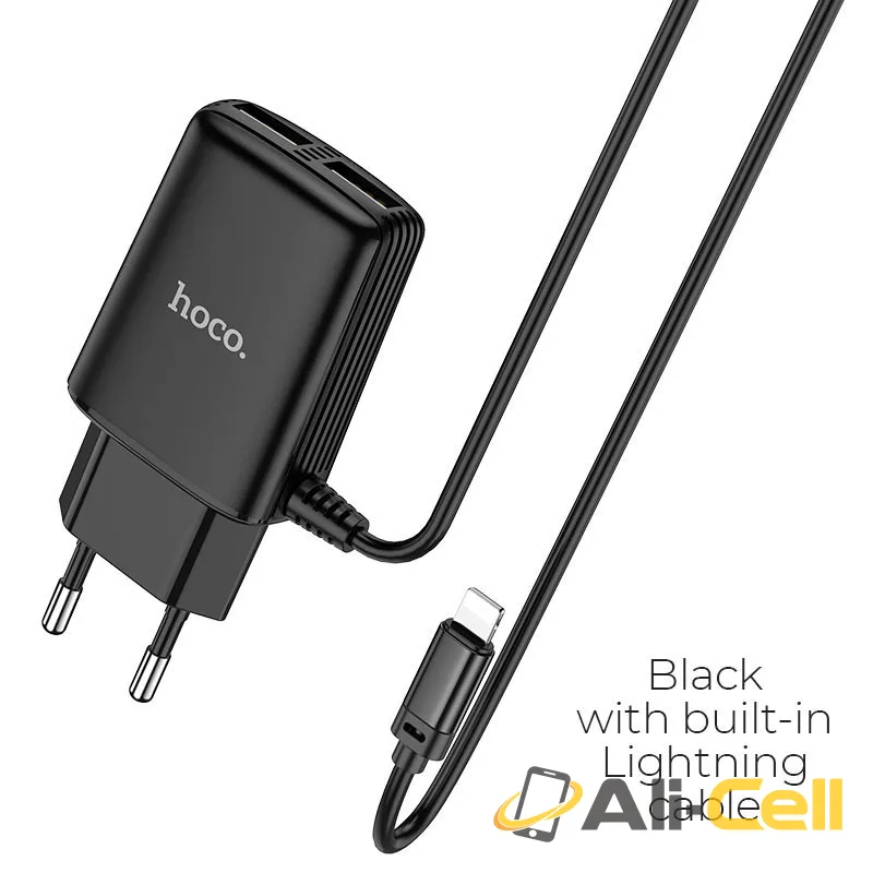Wall charger “C82A Real power” EU dual port with built-in wire (C82a Lightning Black, Built In Lightning Wire)