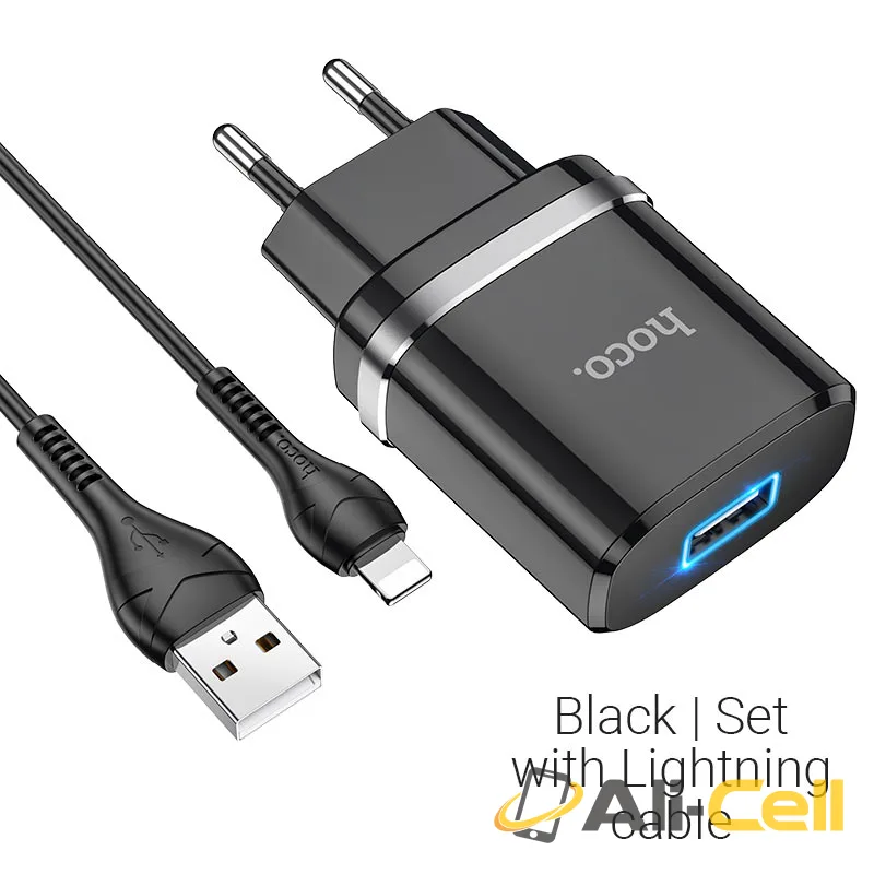 Wall charger “N1 Ardent” EU plug set with cable (N1 Lightning Black, Set With Lightning Cable)