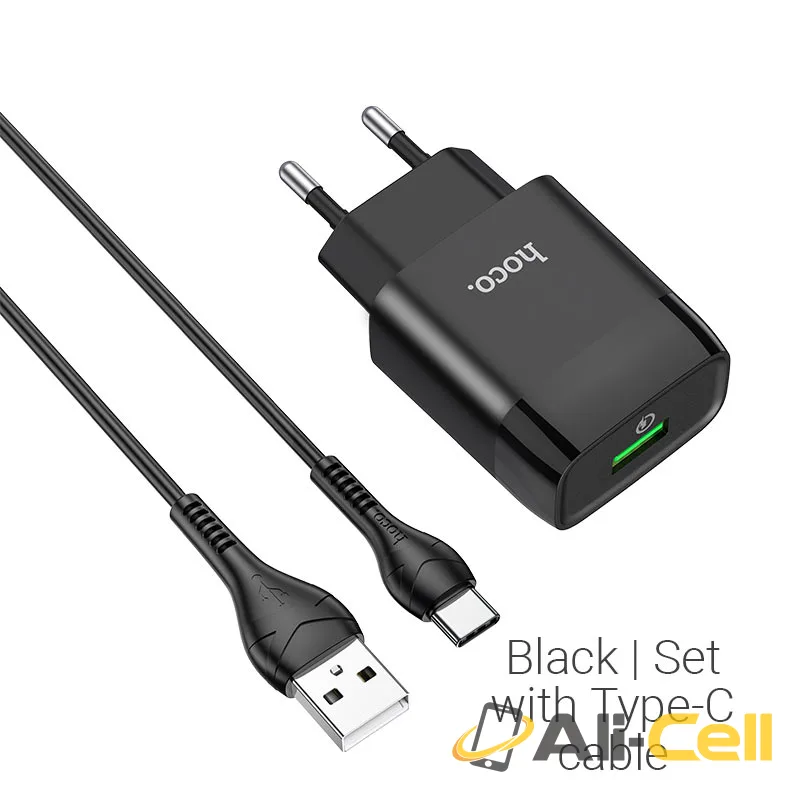 Wall charger “C72Q Glorious” QC3.0 EU plug set with cable (C72q Type C Black, Set With Type C Cable)