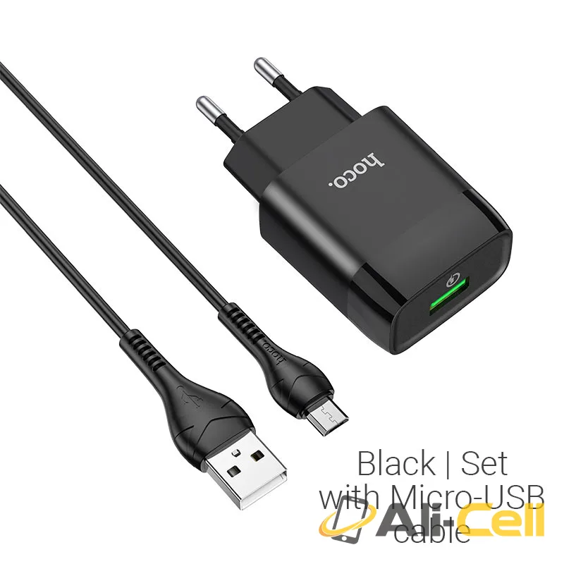 Wall charger “C72Q Glorious” QC3.0 EU plug set with cable (C72q Micro Usb Black, Set With Micro Usb Cable)