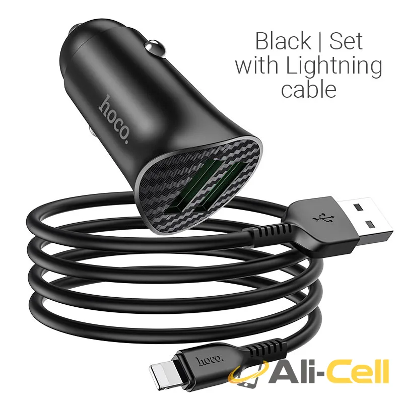 Car charger “Z39 Farsighted” QC3.0 dual port set with cable (Z39 Lightning Black, Set With Lightning Cable)