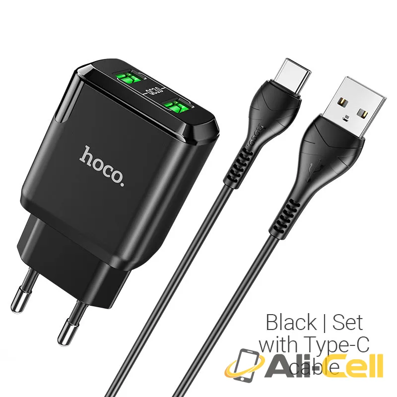 Wall charger “N6 Charmer” dual port QC3.0 EU set with cable (N6 Type C Black, Set With Type C Cable)