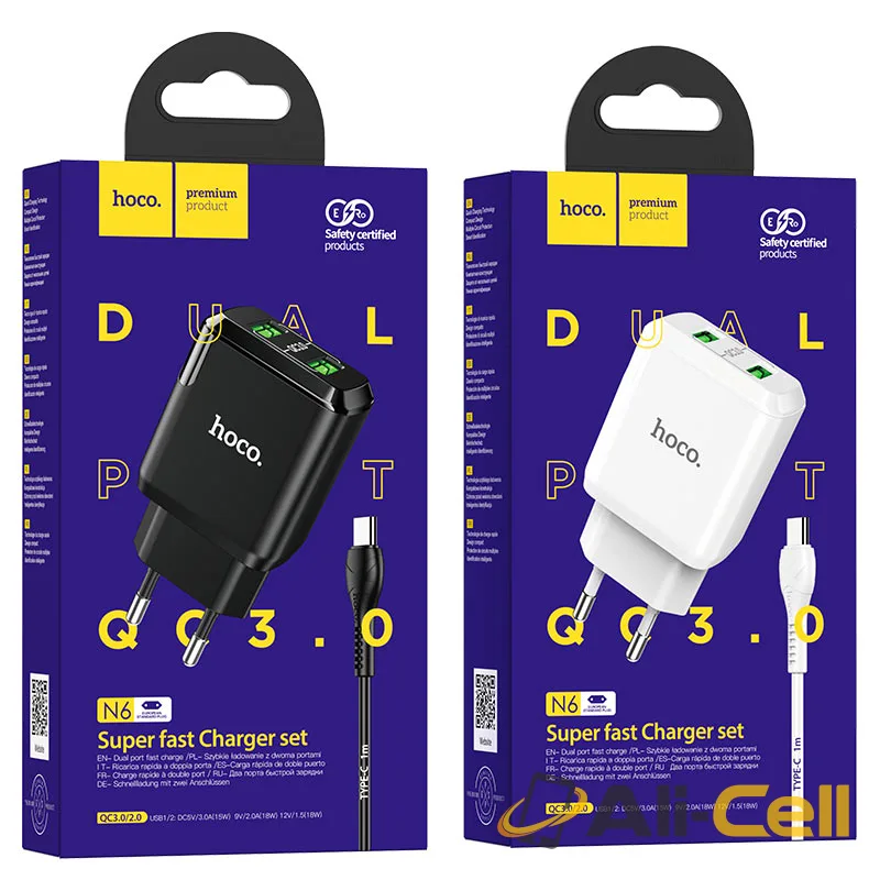Wall charger “N6 Charmer” dual port QC3.0 EU set with cable (N6 Type C Black, Set With Type C Cable) — 7