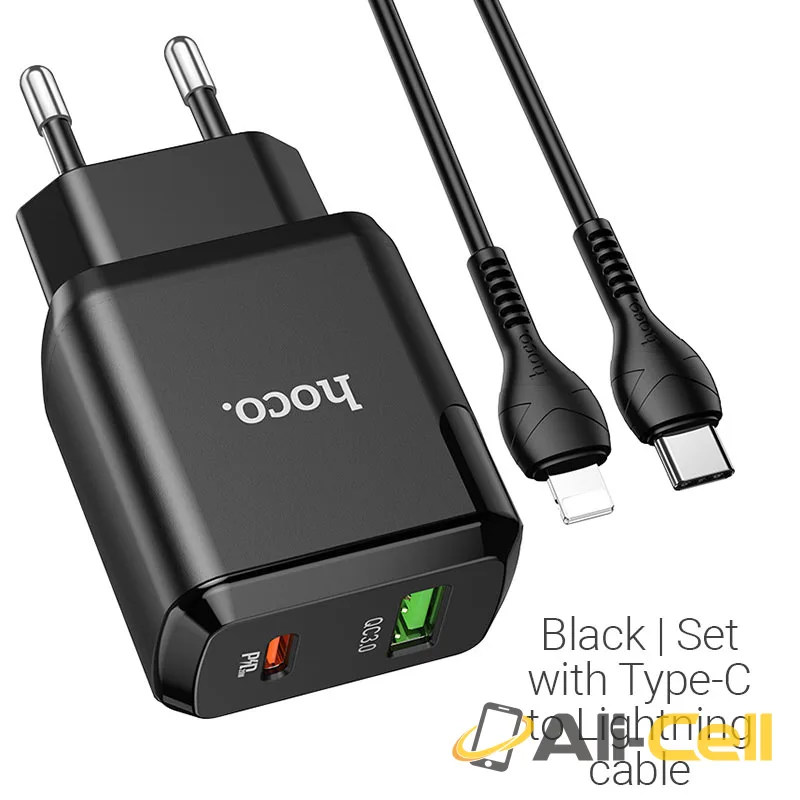 Wall charger “N5 Favor” PD20W + QC3.0 EU set with cable (N5 Type C Lightning Black, Set With Type C To Lightning Cable)