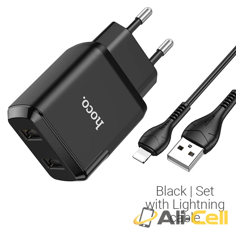 Wall charger “N7 Speedy” dual port EU set with cable (N7 Lightning Black, Set With Lightning Cable)
