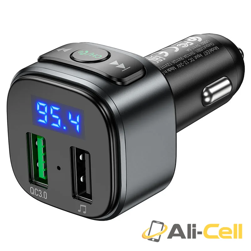 Car charger “E67 Fighter” QC3.0 with wireless FM transmitter (E67 Black) — 3