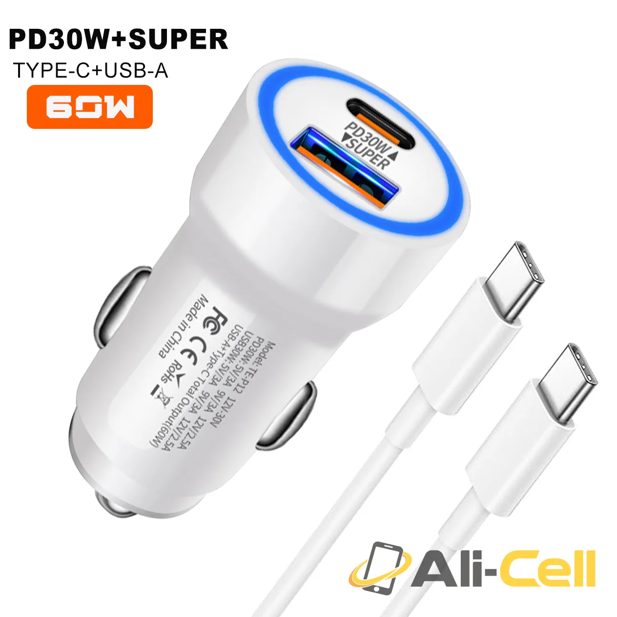 60W USB-A and USB-C LED 2-Port Fast Car Charger
