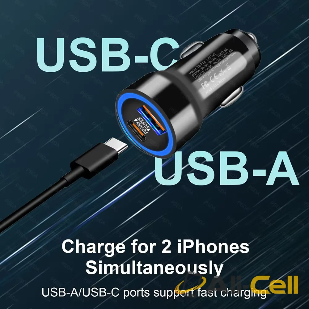 60W USB-A and USB-C LED 2-Port Fast Car Charger — 2