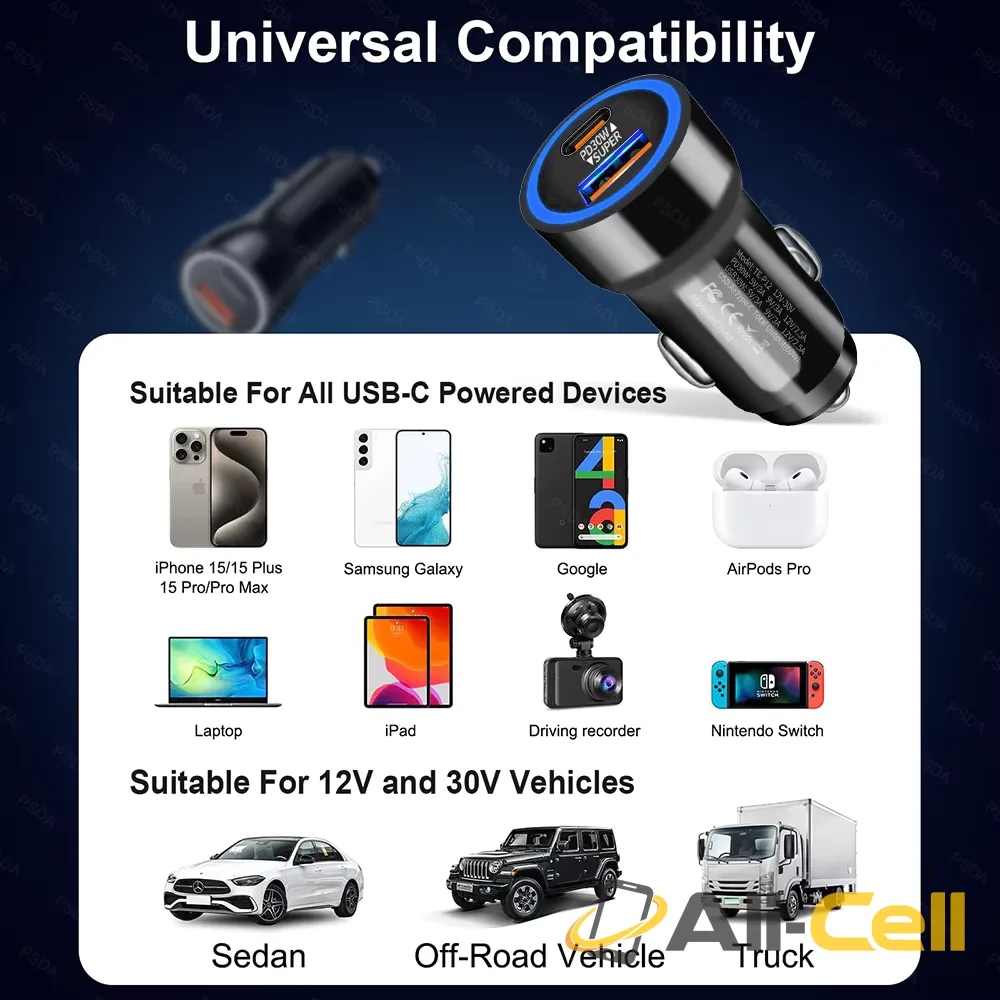 60W USB-A and USB-C LED 2-Port Fast Car Charger — 3