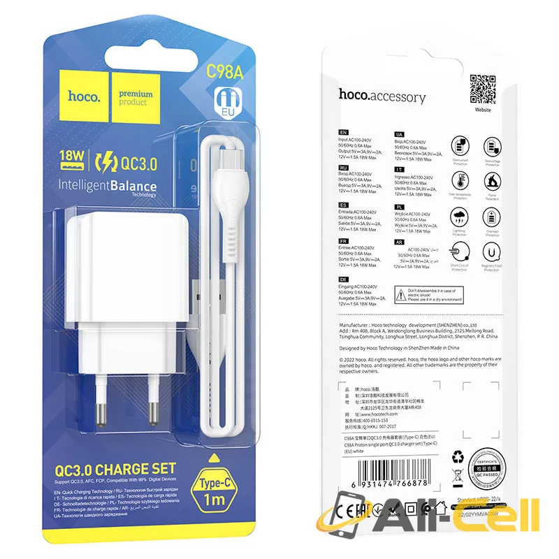 Wall charger “C98A Proton” QC3.0 EU set with cable (C98a White, Single) — 7