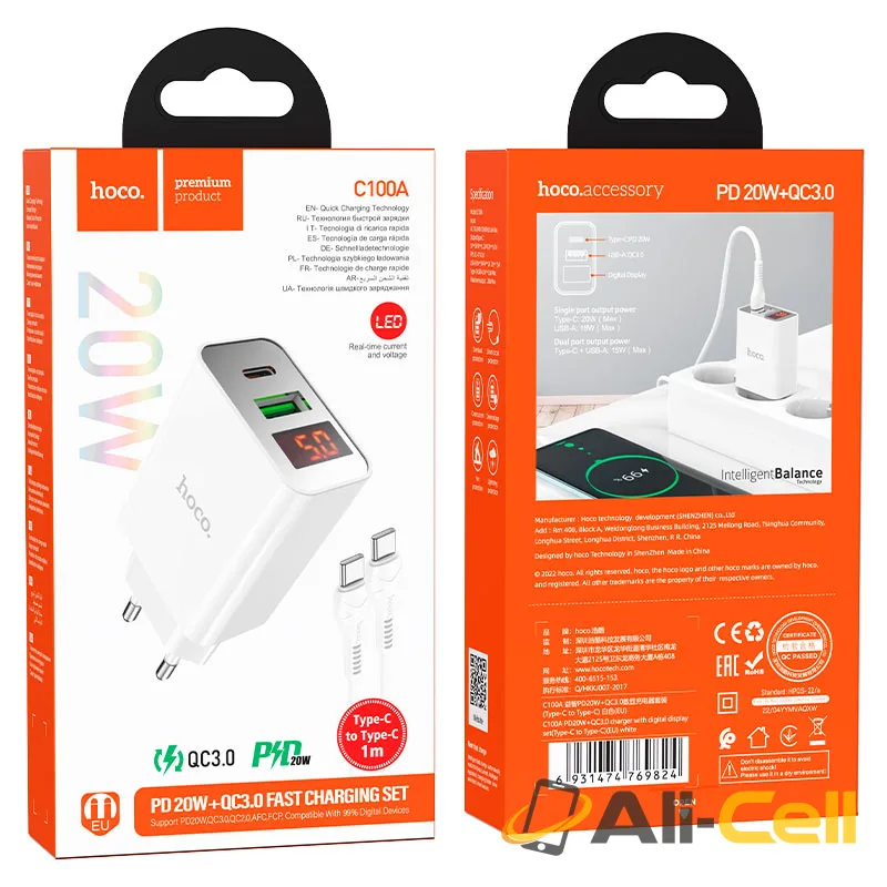 Wall charger “C100A” PD20W + QC3.0 EU set with cable (C100a White, Single) — 6