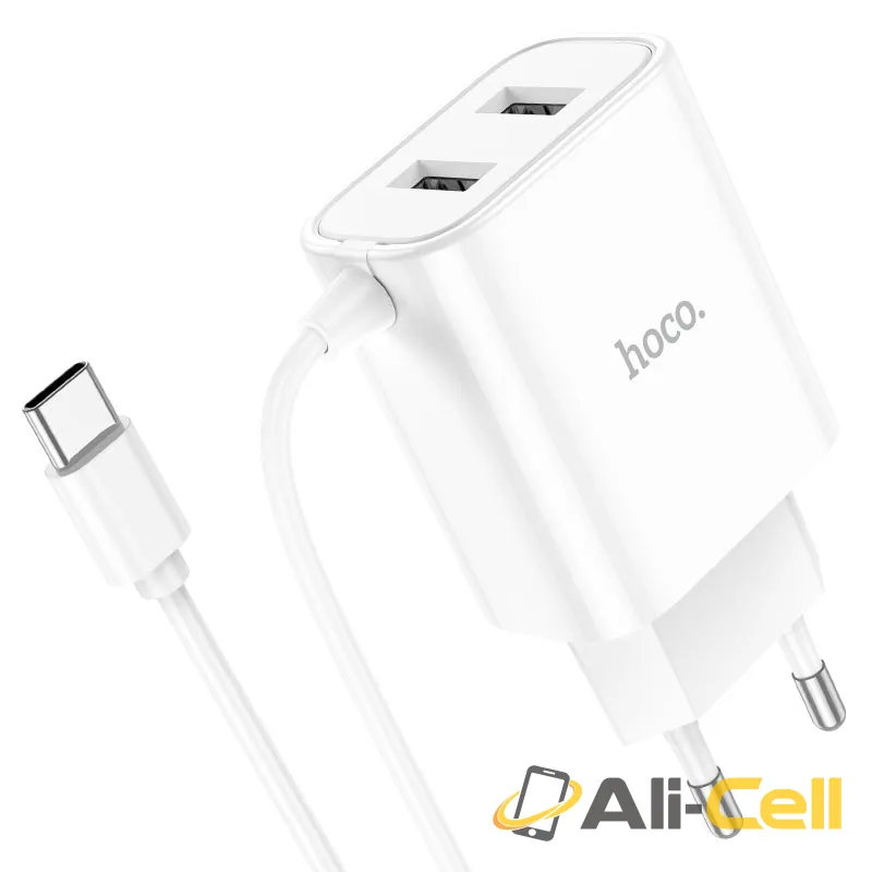 Wall charger “C103A Courser” EU dual-port with built-in cable (C103a Tc White, Built In Type C Wire)