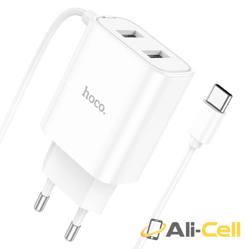 Wall charger “C103A Courser” EU dual-port with built-in cable (C103a Tc White, Built In Type C Wire) — 2