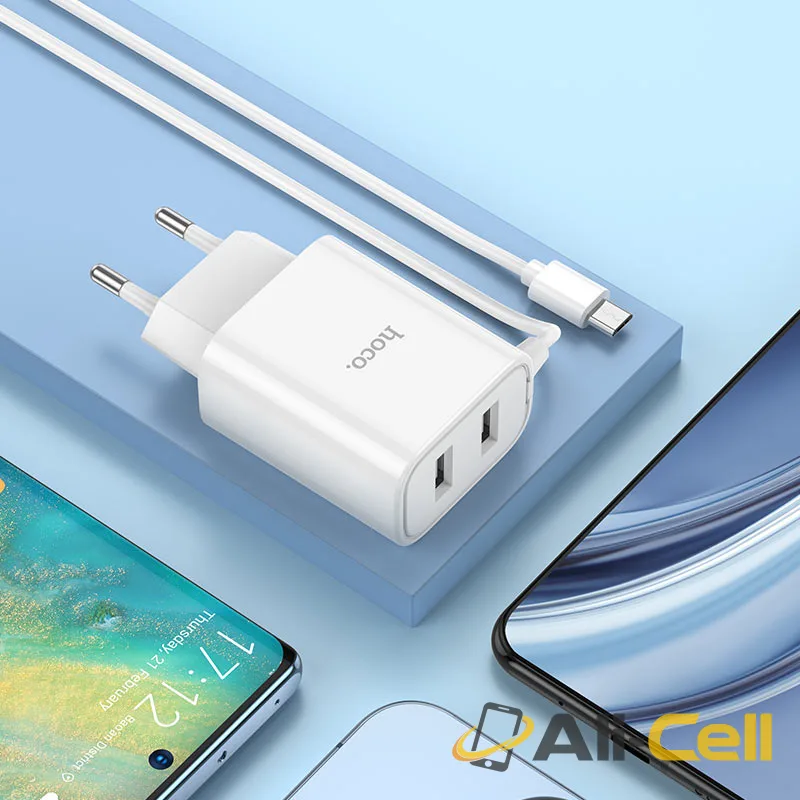 Wall charger “C103A Courser” EU dual-port with built-in cable (C103a Musb White, Built In Micro Usb Wire) — 5