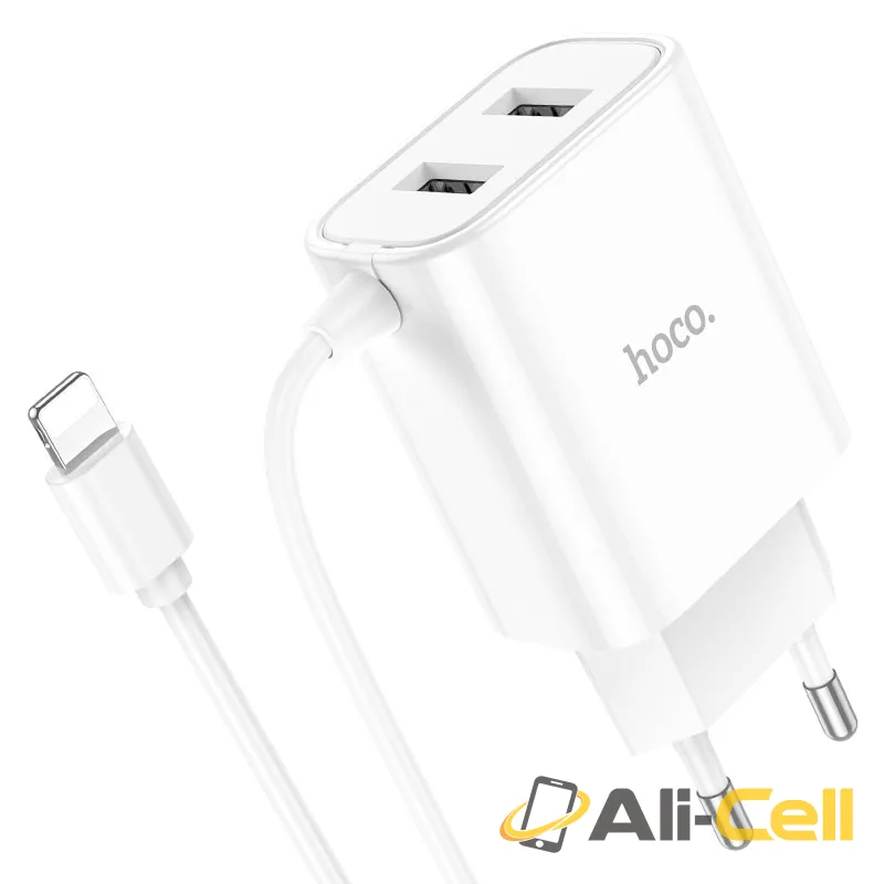Wall charger “C103A Courser” EU dual-port with built-in cable (C103a Ltn White, Built In Lightning Wire)