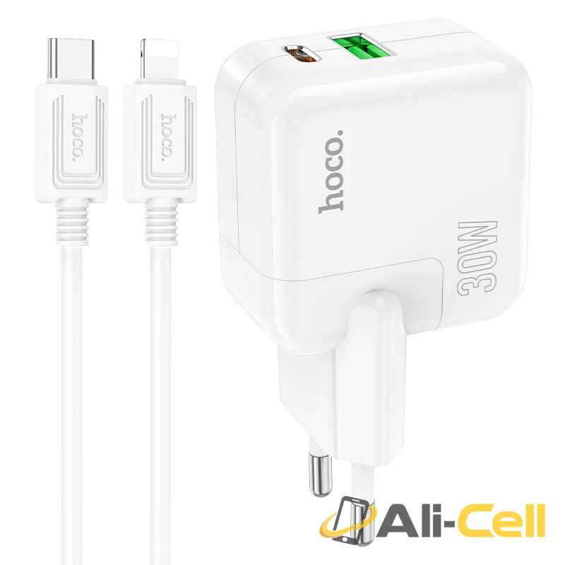Wall charger “C111A Lucky” PD30W + QC3.0 EU cable set (C111a Set Tc Ltn White, Set With Type C To Lightning Cable)