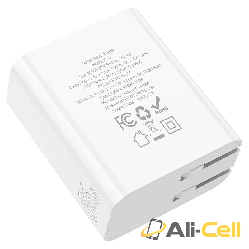 Wall charger “C113 Awesome” PD65W + QC3.0 US cable set (C113 Set Tc Tc White, Set With Type C To Type C Cable) — 5