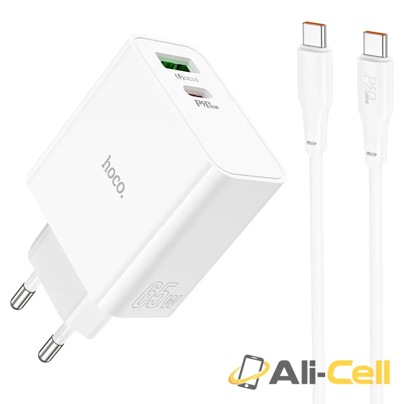 Wall charger “C113A Awesome” PD65W + QC3.0 EU cable set (C113a Set Tc Tc White, Set With Type C To Type C Cable)