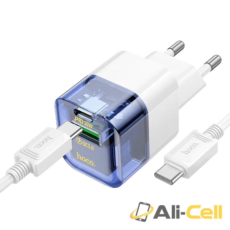 Wall charger “C131A Platinum” PD30W + QC3.0 EU cable set (C131a Set Tc Tc Transparent Blue, Set With Type C To Type C Cable)