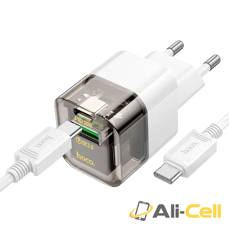 Wall charger “C131A Platinum” PD30W + QC3.0 EU cable set (C131a Set Tc Tc Transparent Black, Set With Type C To Type C Cable)
