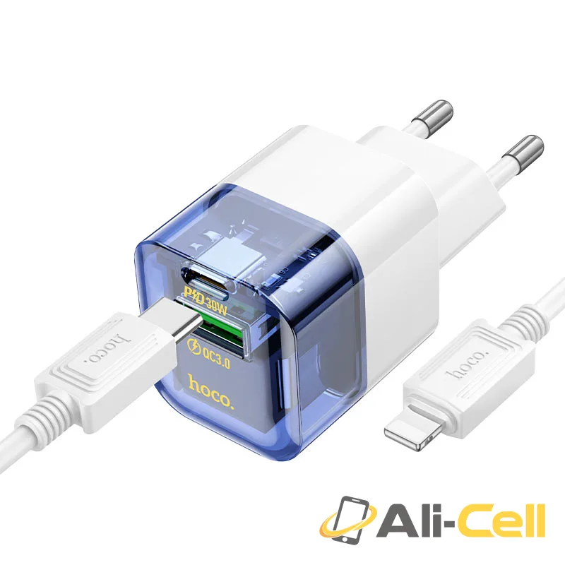 Wall charger “C131A Platinum” PD30W + QC3.0 EU cable set (C131a Set Tc Ltn Transparent Blue, Set With Type C To Lightning Cable)