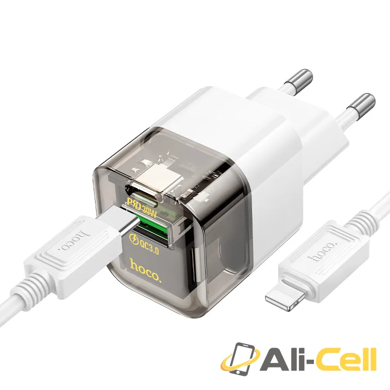 Wall charger “C131A Platinum” PD30W + QC3.0 EU cable set (C131a Set Tc Ltn Transparent Black, Set With Type C To Lightning Cable)