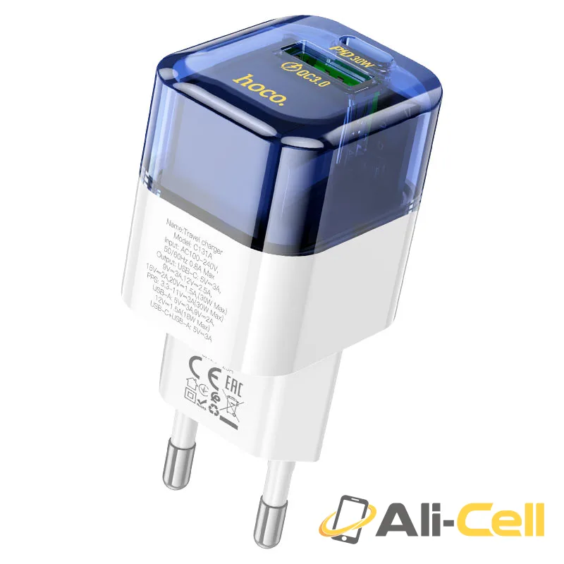 Wall charger “C131A Platinum” PD30W + QC3.0 EU cable set (C131a Transparent Black, Single) — 2
