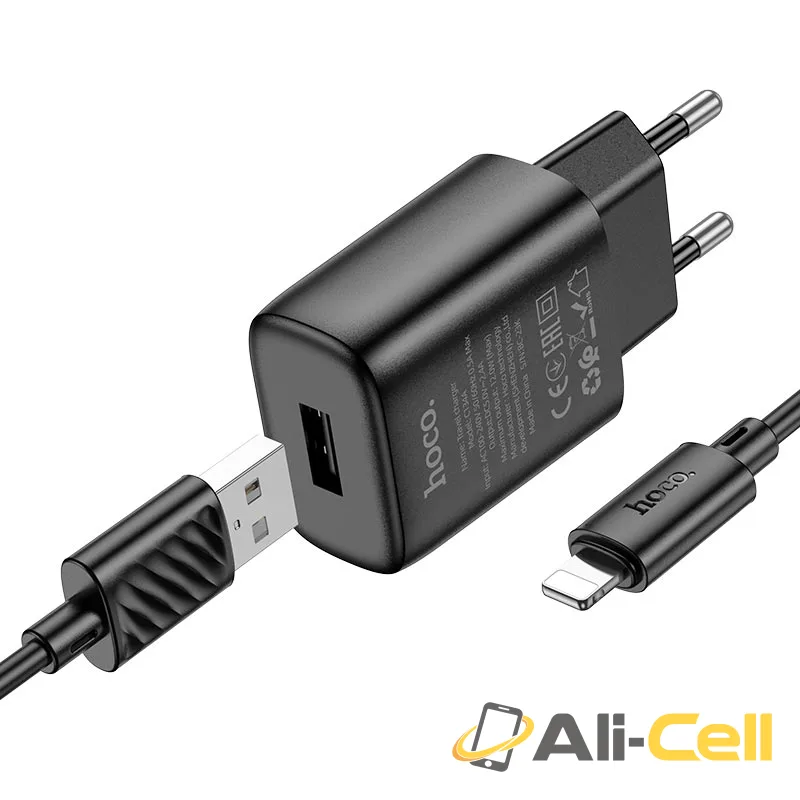 Wall charger “C134A Solid” EU cable set (C134a Set Usb Ltn Black, Set With Lightning Cable)