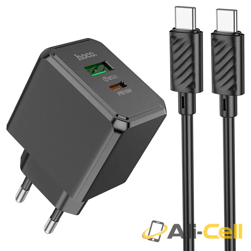 Wall charger “CS14A Ocean” PD20W + QC3.0 EU cable set (Cs14a Set Tc Tc Black, Set With Type C To Type C Cable)