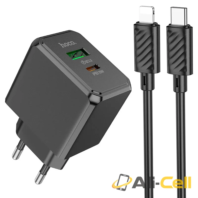 Wall charger “CS14A Ocean” PD20W + QC3.0 EU cable set (Cs14a Set Tc Ltn Black, Set With Type C To Lightning Cable)