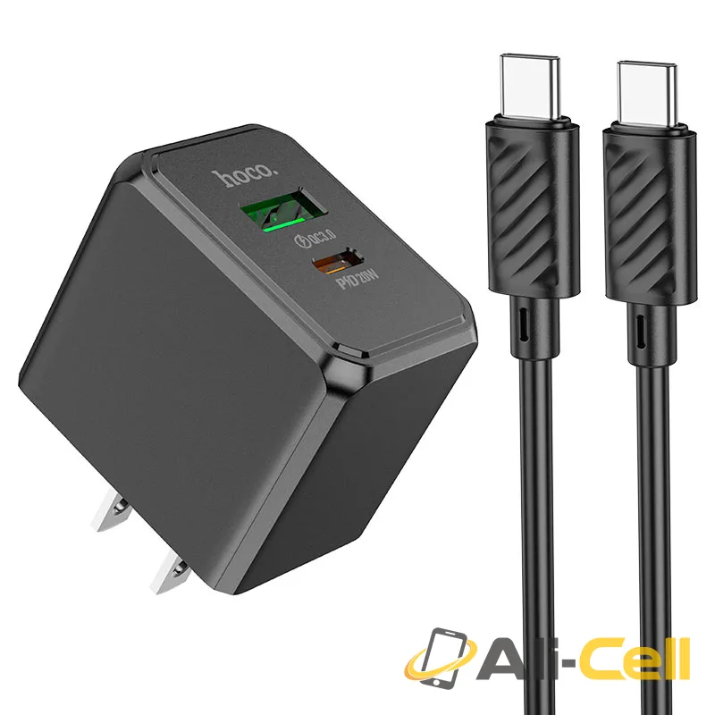 Wall charger “CS14 Ocean” PD20W + QC3.0 US cable set (Cs14 Set Tc Tc Black, Set With Type C To Type C Cable)