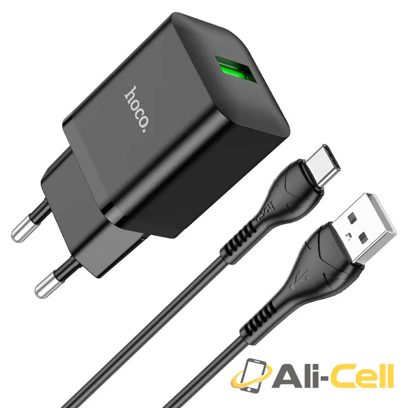 Wall charger “N26 Maxim” QC3.0 EU cable set (N26 Set Usb Tc Black, Set With Type C Cable)