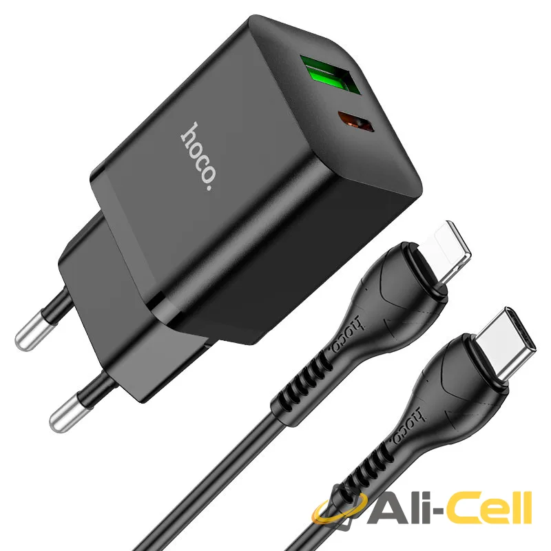 Wall charger “N28 Founder” PD20W + QC3.0 EU cable set (N28 Set Tc Ltn Black, Set With Type C To Lightning Cable)