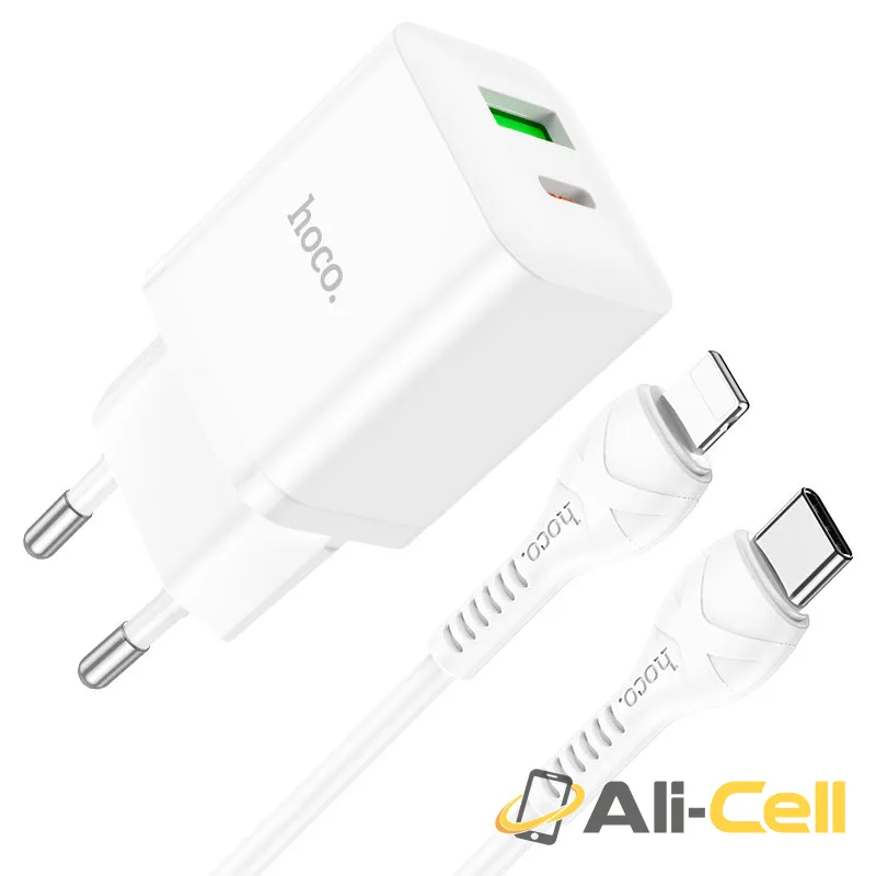 Wall charger “N28 Founder” PD20W + QC3.0 EU cable set (N28 Set Tc Ltn White, Set With Type C To Lightning Cable)