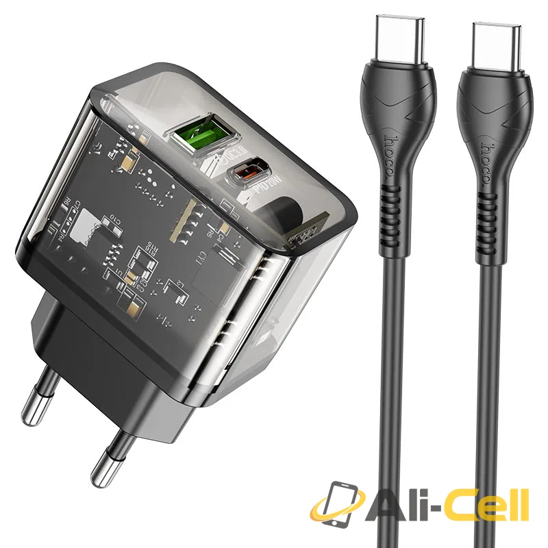 Wall charger “N34 Dazzling” PD20W + QC3.0 EU cable set (N34 Set Tc Tc Transparent Black, Set With Type C To Type C Cable)