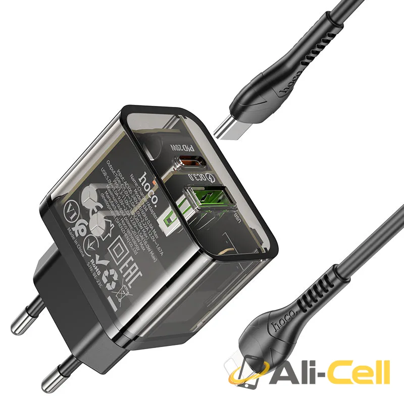 Wall charger “N34 Dazzling” PD20W + QC3.0 EU cable set (N34 Set Tc Ltn Transparent Black, Set With Type C To Lightning Cable) — 4