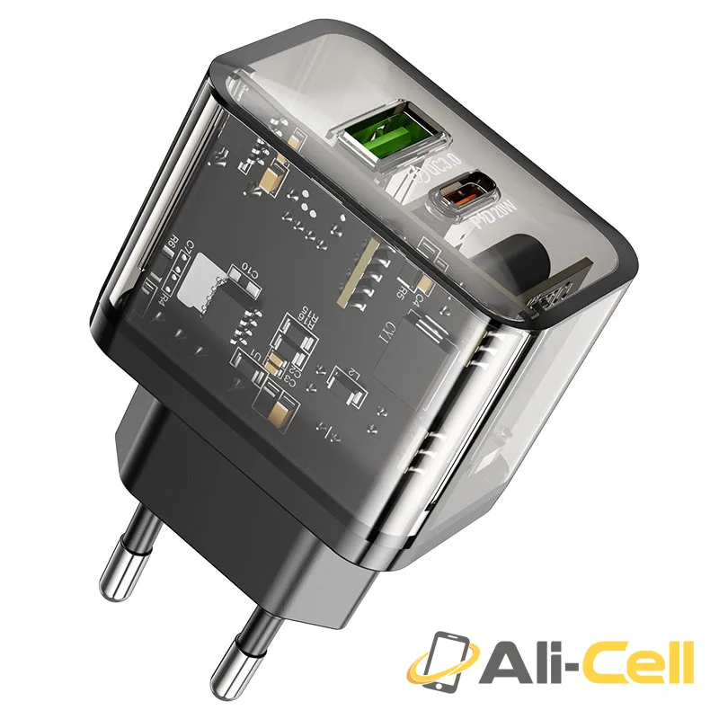 Wall charger “N34 Dazzling” PD20W + QC3.0 EU cable set (N34 Transparent Black, Single) — 2