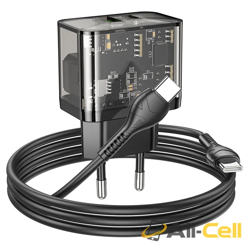 Wall charger “N34 Dazzling” PD20W + QC3.0 EU cable set (N34 Transparent Black, Single) — 3