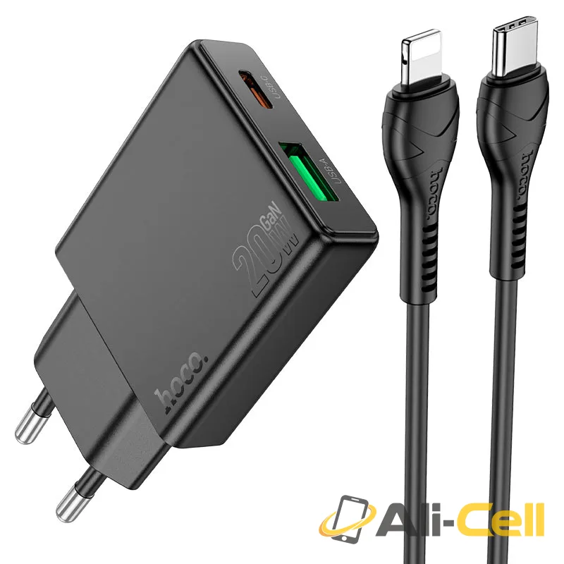 Wall charger “N38 Delgado” PD20W + QC3.0 EU cable set (N38 Set Tc Ltn Black, Set With Type C To Lightning Cable)