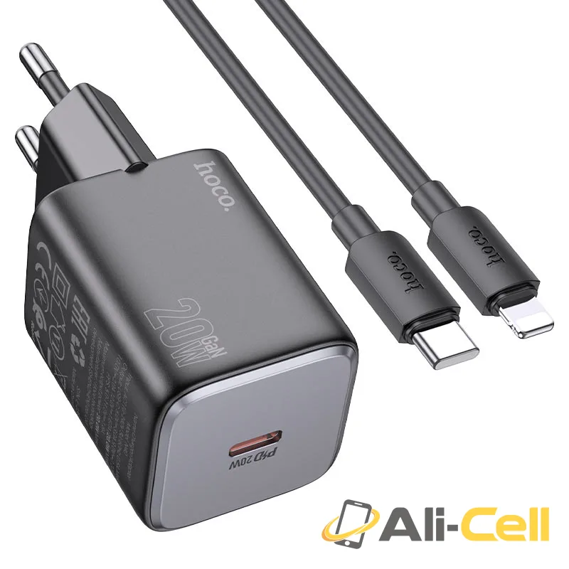 Wall charger “N40 Mighty” PD20W EU cable set (N40 Set Tc Ltn Black, Set With Type C To Lightning Cable)