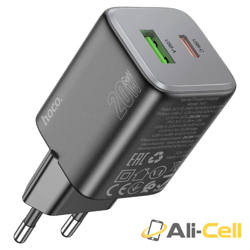 Wall charger “N41 Almighty” PD20W + QC3.0 EU cable set (N41 Set Tc Tc Black, Set With Type C To Type C Cable) — 2